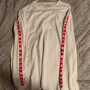 White Long Sleeve with red striped writing